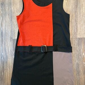 Elegant Belted Colorblock Midi Dress